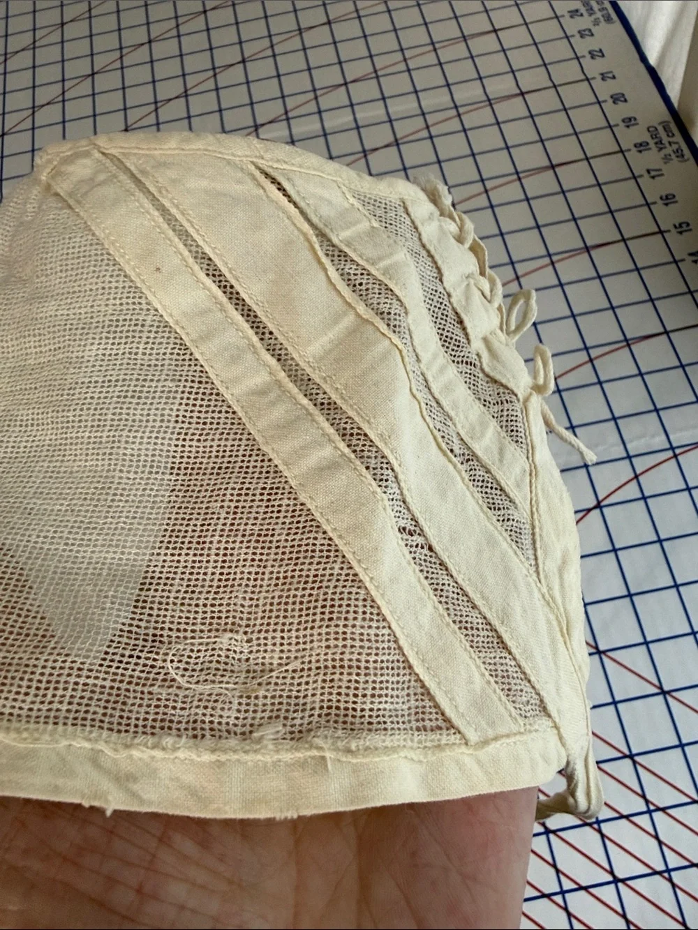 Antique c1900 Infant Baby Bonnet Cap Cotton Net Lace-Up Heirloom Sewing Study